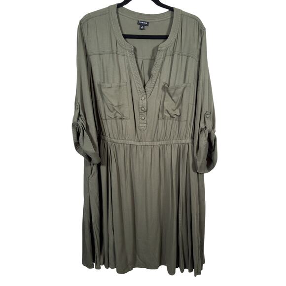 torrid Dresses & Skirts - Torrid Shirt Dress Womens 3X Olive Green Mini Stretch Challis Roll Tab Sleeves
